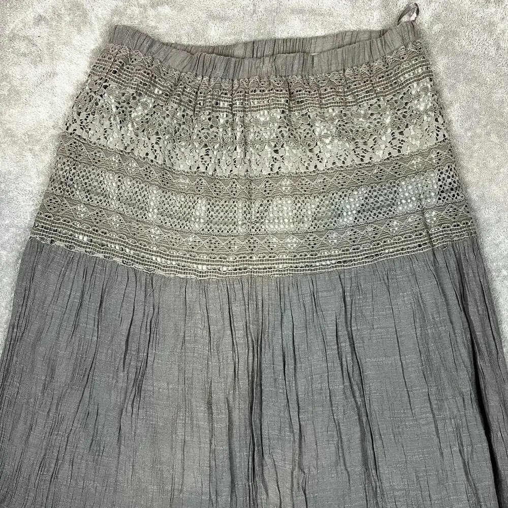 J.Crew‎ Tiered Maxi Skirt Womens L Gray Embroidered Lined Rayon Eyelet Lace-Trim